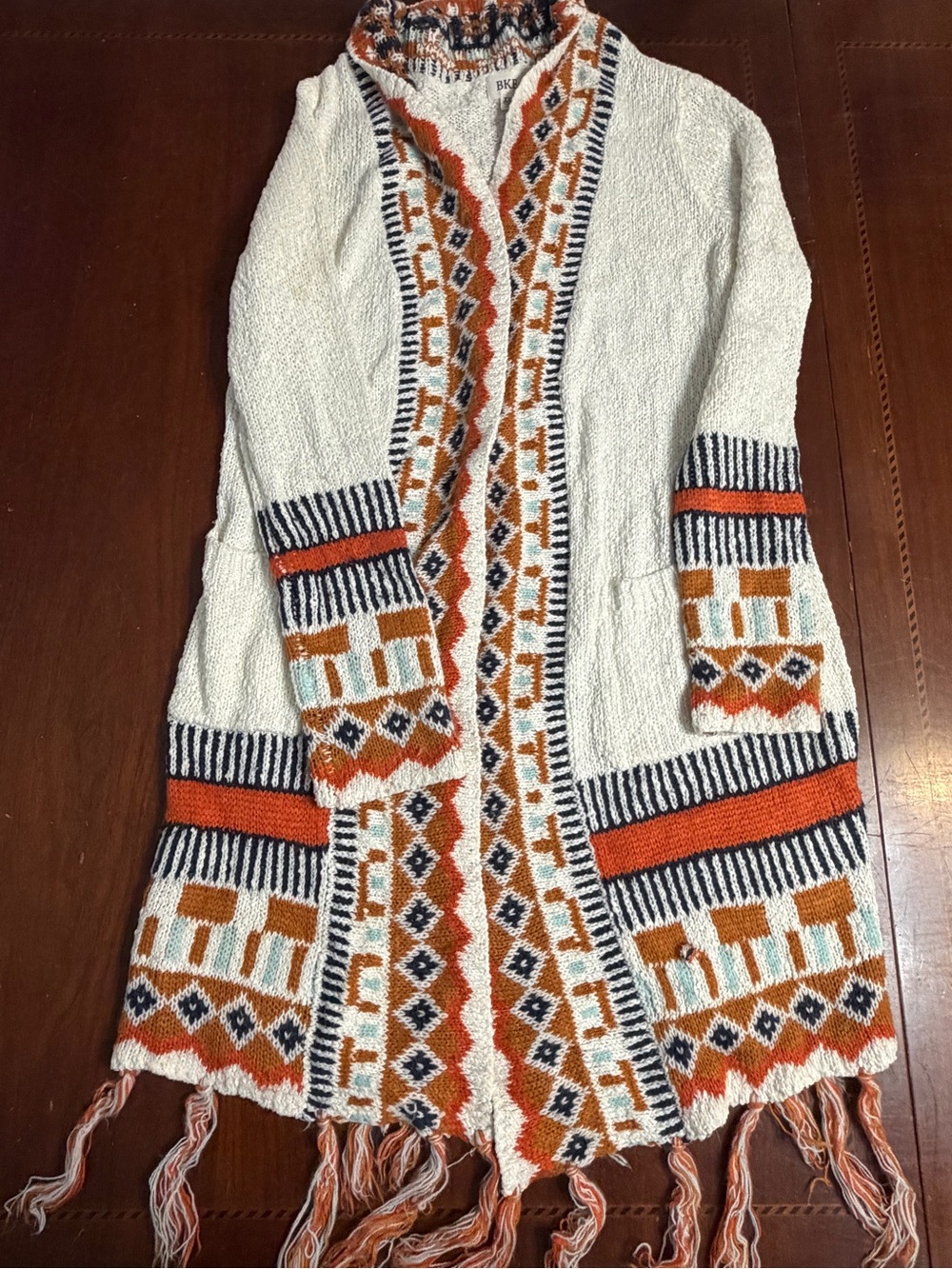 BKE Aztec Cardigan XS Cream Rust Orange Tribal  Duster Open Front Tassel Boho